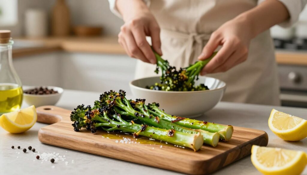 A beautifully arranged kitchen countertop featuring roasted broccolini as the centerpiece. In the foreground, a rustic wooden cutting board displays perfectly charred broccolini, glistening with olive oil and sprinkled with coarse sea salt. Beside it, fresh spices and lemon wedges add vibrant colors. In the middle ground, a pair of hands in modest, casual clothing (such as a light-colored apron) are expertly tossing the vegetables in a bowl, emitting an inviting cooking atmosphere. The background showcases a softly lit kitchen with warm, natural lighting, highlighting the gleam of the roasted vegetables and creating a cozy, delicious ambiance. The overall mood is inviting and aspirational, emphasizing the joy of cooking. The scene is framed closely to focus on the details of the broccolini and the cooking process.