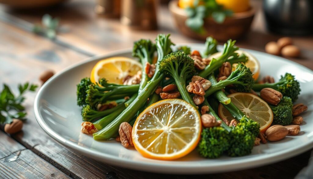 A beautifully arranged serving of broccolini dishes, featuring vibrant broccolini spears steaming lightly. Accompanying the dish are slices of bright citrus fruits, such as lime and orange, interspersed among the greens. A handful of roasted nuts, like almonds and walnuts, are scattered artfully around the plate, adding a rich texture. The background is softly blurred, revealing a rustic wooden table setting with a hint of kitchen elements. Natural, warm lighting highlights the fresh ingredients, creating an inviting atmosphere. The image captures the essence of delicious, healthy meal suggestions, showcasing a harmonious blend of colors and textures that inspire culinary creativity. The focus is crisp, emphasizing the freshness of the broccolini and complementary elements.