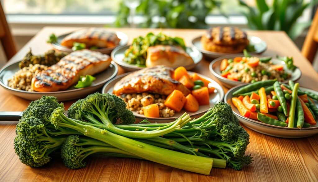 A beautifully arranged table centerpiece showcasing vibrant broccolini alongside various protein options and complementary side dishes. In the foreground, place fresh broccolini spears, glistening with olive oil, emphasizing their rich green color. The middle ground features grilled salmon fillet, tender chicken breast, and a hearty veggie patty, each artistically placed on elegant plates. Surrounding these proteins, include vibrant side dishes such as quinoa salad, roasted sweet potatoes, and a colorful medley of carrots and peas. Warm, natural lighting highlights the textures and colors, creating an inviting atmosphere. The background is softly blurred to keep the focus on the food, with hints of greenery suggesting a fresh, culinary-inspired setting. The overall mood conveys a sense of healthy, gourmet dining and culinary creativity.