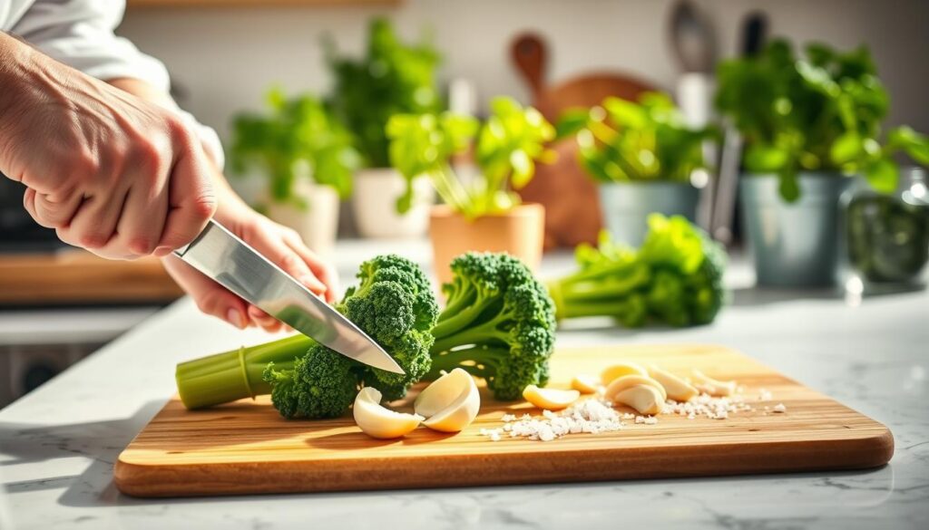 A clean and organized kitchen countertop featuring vibrant, fresh broccolini being prepared for cooking. In the foreground, a close-up of a chef's hands delicately trimming the ends of the broccolini with a sharp knife, showcasing the intricate details of the vegetable. The middle layer includes a cutting board adorned with sliced garlic cloves and a sprinkle of coarse sea salt, enhancing the focus on flavor enhancement. The background reveals a softly lit kitchen with green herbs in pots and cooking utensils, creating a warm and inviting cooking atmosphere. The lighting is bright yet soft, achieving a natural look as if illuminated by morning sunlight. The overall mood is cheerful and engaging, inviting viewers into the process of preparing healthy meals.