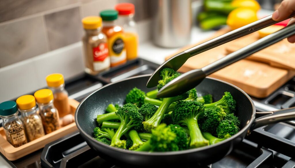 A stovetop sautéing scene featuring fresh, vibrant broccolini with a rich green color, placed prominently in a high-quality non-stick skillet on a black gas stove. In the foreground, include a pair of tongs skillfully flipping the broccolini, showcasing its glossy, sautéed exterior. In the middle ground, display a colorful spice rack with small jars of garlic, chili flakes, and lemon zest, hinting at flavor additions. In the background, a softly blurred kitchen with warm, inviting lighting highlights a wooden cutting board with additional ingredients, enhancing the home-cooking atmosphere. Use a slight overhead angle to capture the action and vibrant colors, creating a cozy and engaging mood, ideal for illustrating stovetop cooking techniques.