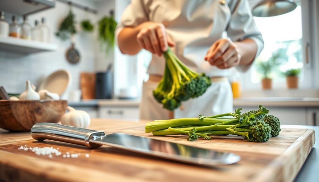 A vibrant, close-up image showcasing fresh broccolini being prepared in a bright, modern kitchen. In the foreground, vivid green broccolini lies on a wooden cutting board, with a sharp knife glinting in the soft overhead light. A rustic bowl of garlic cloves and a sprinkle of sea salt sit nearby, enhancing the preparation theme. In the middle ground, a skilled chef, dressed in a professional white apron, methodically trims the broccolini, demonstrating essential techniques like blanching and sautéing. The background features elegant kitchen elements, such as hanging herbs and a window with natural light streaming in, creating an inviting and warm atmosphere. The overall mood should evoke freshness, culinary skill, and a joyful cooking experience for family meals.
