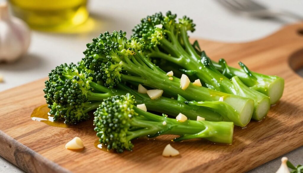 A vibrant close-up of sautéed broccolini glistening with olive oil and minced garlic. The broccolini is arranged on a rustic wooden cutting board, showcasing its rich green color and tender texture. Golden garlic bits scattered around add an inviting touch. In the background, a blurred kitchen environment with warm, inviting lighting creates a cozy atmosphere. The focus is sharp on the broccolini, while the background slightly fades, suggesting home cooking. Incorporate a hint of garlic cloves and fresh herbs for added detail. Use a top-down angle that brings out the natural vibrancy and brightness of the dish, evoking a sense of freshness and deliciousness. The mood is warm and inviting, ideal for showcasing a simple yet elegant recipe.