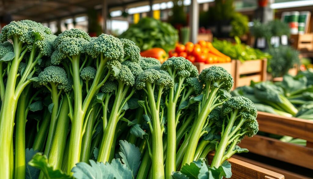 A vibrant display of fresh broccolini with rich green stems and delicate florets featured prominently in the foreground. Each stem glistens with dew, showcasing its crisp freshness. In the middle ground, a bustling market scene with wooden crates filled with assorted organic vegetables creates a lively atmosphere. Soft morning sunlight filters through, casting gentle shadows and illuminating the textures of the produce. The background reveals a colorful vendor stall with fresh herbs, enhancing the charm of the farmer's market setting. The composition is captured with a close-up angle, emphasizing the freshness and quality of the broccolini, inviting viewers to envision selecting this nutritious vegetable for their meals. The mood is warm, inviting, and wholesome, perfect for food lovers.