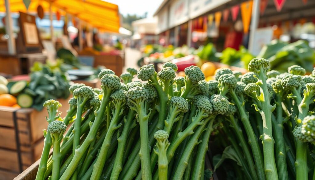 Fresh tender stems of broccolini displayed at a bustling farmer's market. The foreground features vibrant green broccolini with small, delicate florets glistening with morning dew, showcasing their juicy texture. The middle ground includes wooden crates filled with an assortment of organic vegetables, hinting at a lively market atmosphere. In the background, sunlit stalls draped with colorful awnings create a warm, inviting ambiance. Gentle rays of sunlight filter through, casting soft shadows and highlighting the vivid greens of the broccolini. The image captures the freshness and versatility of broccolini, inspiring thoughts of delicious family dinners and healthy cooking. The mood is cheerful and vibrant, reflecting a communal experience centered around wholesome food.