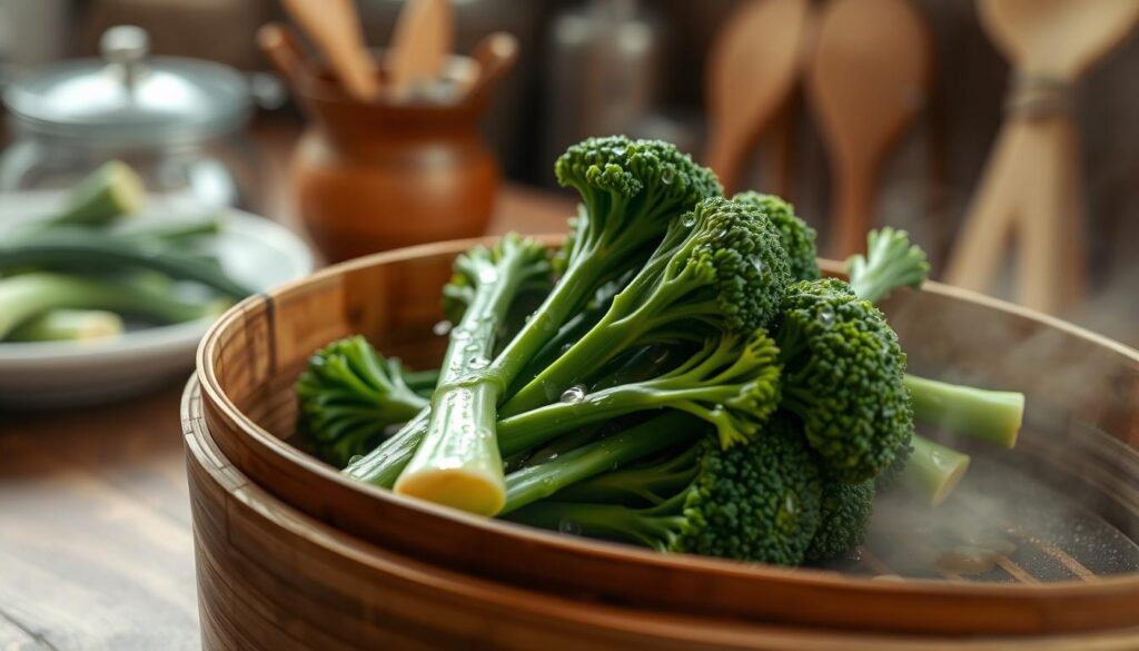 Steamed broccolini arranged artistically in a bamboo steamer basket, showcasing the vibrant green color and delicate texture of the vegetable. The foreground features the steamer basket with droplets of water glistening on the broccolini, highlighting its freshness. In the middle ground, a softly blurred rustic wooden kitchen table adds warmth to the scene. The background includes hints of kitchen utensils and a subtle fog from the steam, creating a cozy cooking atmosphere. Natural soft lighting from the side enhances the freshness of the broccolini, and a shallow depth of field focuses attention on the dish. The overall mood is inviting and calm, perfect for an easy cooking guide.