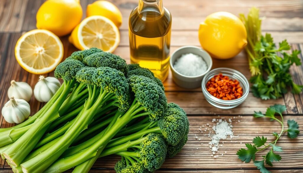 A beautifully arranged flat lay of air fryer broccolini recipe ingredients on a rustic wooden table. In the foreground, vibrant green broccolini spears are clustered alongside fresh garlic cloves, sliced lemons, and a sprinkle of sea salt. In the middle, a bottle of olive oil glistens, reflecting the warm, natural light from above. Surrounding ingredients include a small bowl of red pepper flakes and a sprig of fresh parsley, adding a pop of color. The background is softly blurred to emphasize the ingredients, with hints of kitchen utensils subtly out of focus. The atmosphere is bright and inviting, suggesting a delicious and healthy meal preparation, perfect for cooking enthusiasts. Natural lighting enhances the freshness of the ingredients, creating an appetizing and engaging visual. A beautifully arranged flat lay of air fryer broccolini recipe ingredients on a rustic wooden table. In the foreground, vibrant green broccolini spears are clustered alongside fresh garlic cloves, sliced lemons, and a sprinkle of sea salt. In the middle, a bottle of olive oil glistens, reflecting the warm, natural light from above. Surrounding ingredients include a small bowl of red pepper flakes and a sprig of fresh parsley, adding a pop of color. The background is softly blurred to emphasize the ingredients, with hints of kitchen utensils subtly out of focus. The atmosphere is bright and inviting, suggesting a delicious and healthy meal preparation, perfect for cooking enthusiasts. Natural lighting enhances the freshness of the ingredients, creating an appetizing and engaging visual.