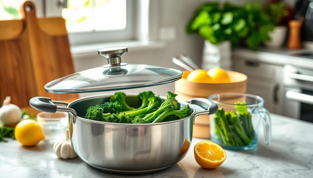 A beautifully arranged kitchen setting showcasing essential equipment for steaming broccolini. In the foreground, place a sleek, modern steamer pot with a glass lid, filled with vibrant green broccolini. Surround it with a bamboo steamer basket and a measuring cup with water. In the middle, include fresh ingredients such as garlic and lemon slices for added color. The background features a tidy kitchen countertop with a wooden cutting board and a knife. Soft, natural lighting streams through a nearby window, creating a warm and inviting atmosphere. Capture the scene with a slightly elevated angle to emphasize the vibrant colors and textures, giving a rustic yet modern feel suitable for a gourmet cooking article.