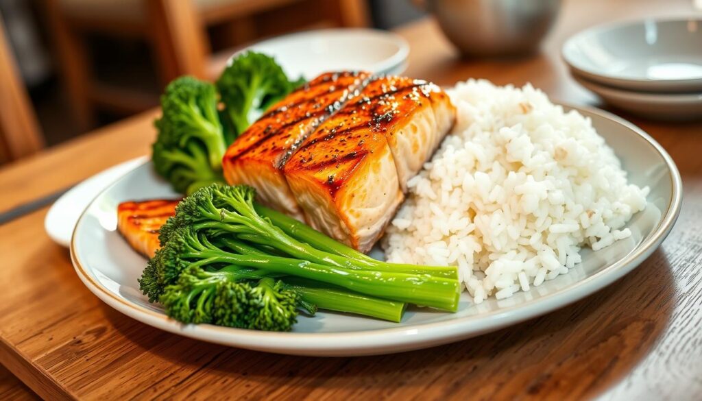 A beautifully arranged plate featuring freshly steamed broccolini, vibrant green and glistening, elegantly placed beside a perfectly grilled salmon fillet, with its rich orange color and crispy skin glistening under soft, warm lighting. The salmon is accompanied by a generous serving of fluffy white rice, arranged artistically to enhance the visual appeal. In the background, a softly blurred wooden dining table adds warmth and texture, while a subtle hint of a rustic kitchen can be seen to evoke a cozy atmosphere. The composition should be shot from a slightly elevated angle, capturing the details of the dish while maintaining a balanced focus. Soft, natural lighting highlights the freshness and color of the ingredients, creating an inviting mood perfect for a dinner setting.