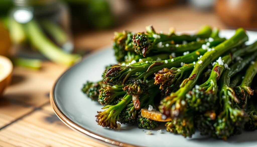 A beautifully arranged plate of oven roasted broccolini with crispy, charred edges, showcasing a rich green color and slightly wilted texture. The broccolini is sprinkled with coarse sea salt and a hint of lemon zest, glistening under soft, natural lighting that highlights its freshness. In the foreground, the broccolini stands out prominently, with a blurred background featuring a rustic wooden table and a subtle hint of a kitchen environment. The image captures the essence of a home-cooked meal, evoking warmth and simplicity, with a shallow depth of field that draws focus to the vegetable's surface details. The overall mood is vibrant and inviting, perfect for a fresh and flavorful side dish presentation.