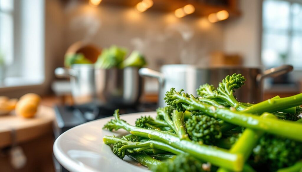 A beautifully arranged plate of perfectly steamed broccolini, showcasing vibrant green spears with a tender yet crisp texture. The foreground features a close-up view of the broccolini, glistening with a light sheen of condensation. In the middle ground, a stainless steel steamer pot sits gently on a stove, with steam rising in delicate curls, hinting at the precise cooking time achieved. The background fades into a cozy kitchen setting, softly lit with warm overhead lights that create an inviting atmosphere. The composition captures the essence of culinary mastery, emphasizing the balance of cooking techniques and vibrant colors. The image conveys a sense of satisfaction and delight in a healthy meal, inviting viewers to appreciate the art of perfect steaming.