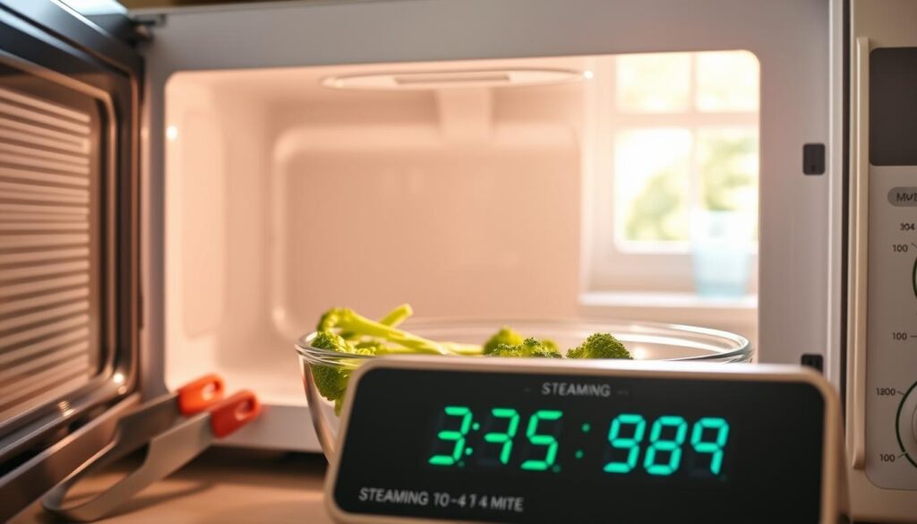 A bright and inviting kitchen scene depicting a microwave with a clear glass dish inside, containing fresh, vibrant baby broccoli, or broccolini, ready for steaming. In the foreground, a digital timer prominently displays the optimal steaming duration, around 3 to 4 minutes. The middle ground features a counter with utensils like a pair of tongs and a measuring cup of water, emphasizing the ease of the cooking method. The background showcases a warm, sunlit window with greenery outside, creating a cozy atmosphere. Soft, diffused lighting bathes the scene, highlighting the freshness of the vegetables and the modern kitchen appliances, conveying a sense of simplicity and efficiency in cooking.