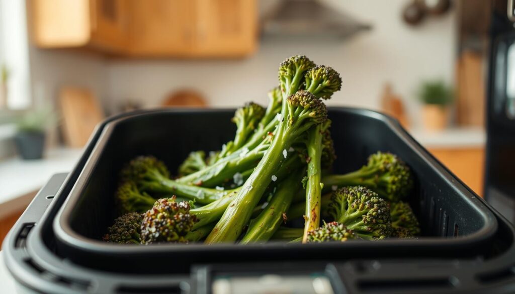 A close-up view of a crispy broccolini bunch in a sleek air fryer basket, showcasing its vibrant green color and perfectly charred edges. The broccolini should appear glistening and appetizing, with a light sprinkle of sea salt for added texture. The air fryer basket, made of black stainless steel, sits on a clean kitchen countertop with hints of a modern kitchen layout in soft focus in the background, featuring warm wooden cabinets and a subtle hint of natural light filtering through a nearby window. The scene should evoke a comfortable and inviting atmosphere, emphasizing the freshness and healthiness of the dish. Use a shallow depth of field to highlight the broccolini while gently blurring the background, creating an overall mood of culinary excellence and simplicity.