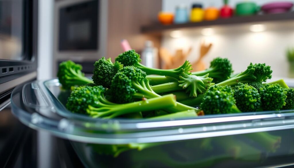 A close-up view of fresh broccolini arranged in a microwave-safe dish, partially covered with a clear microwave lid. The broccolini has a vibrant green color, with droplets of water glistening on its surface to indicate freshness. In the background, a modern kitchen is softly lit, showcasing a sleek countertop and colorful kitchen utensils, creating a warm and inviting cooking atmosphere. The microwave is subtly visible, adding context to the cooking method. The image captures the essence of quick, healthy cooking with a focus on the broccolini, utilizing natural light that highlights its textures and colors. The angle is slightly tilted for a dynamic perspective.