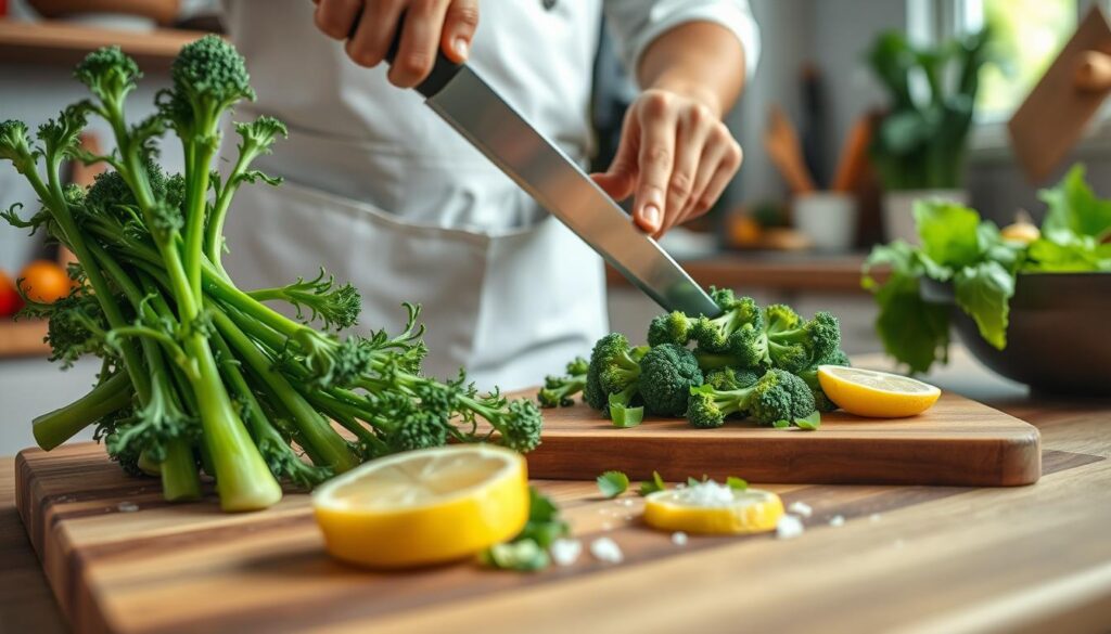 A close-up view of fresh broccolini being prepared for cooking, showcasing vibrant green stalks and delicate florets. In the foreground, a skilled chef, dressed in a neat white apron and modest attire, is trimming the broccolini with a sharp knife on a sturdy wooden cutting board. The middle ground features a small pile of freshly cut broccolini pieces, along with a slice of lemon and a sprinkle of sea salt, emphasizing a healthy and flavorful approach to cooking. The background contains soft-focus kitchen elements, like an array of colorful vegetables and a bright window letting in warm, natural light, creating an inviting, homey atmosphere perfect for culinary inspiration.
