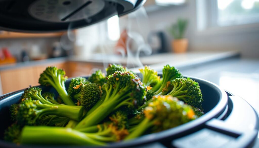 A close-up view of perfectly roasted broccolini in an air fryer, showcasing vibrant green florets with crispy golden edges. The broccolini is arranged aesthetically in a modern, sleek air fryer basket, with steam rising gently to indicate warmth. In the background, a bright kitchen setting with soft natural light pouring in from a window, enhancing the freshness of the vegetables. The scene is shot from a slightly elevated angle, creating depth and focus on the broccolini. The mood is inviting and appetizing, ideal for a culinary article. Include a subtle reflection on the countertop for added dimension, while keeping the overall composition clean and minimalistic, with no text or distractions.