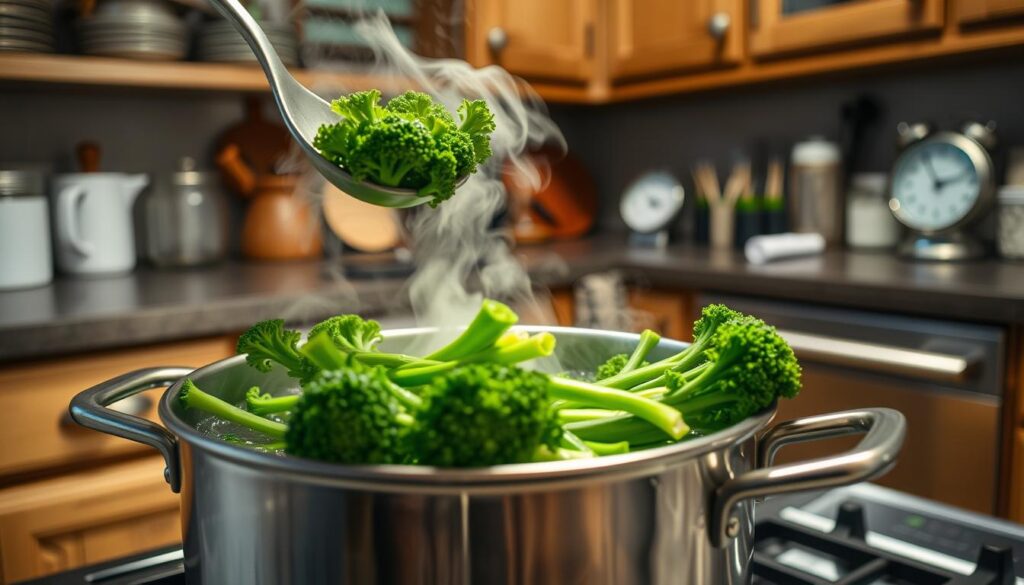 A detailed kitchen scene featuring a pot of boiling water on a stovetop, with vibrant green broccolini stems and florets being gently lowered in with a slotted spoon. In the foreground, the focus is on the broccolini, with steam rising above the pot, portraying the boiling process. The middle ground includes a well-organized kitchen countertop with measuring tools and a timer, hinting at the precise timing needed to avoid overcooking. The background showcases a cozy kitchen setting, with soft, warm lighting and rustic wooden cabinets, evoking a sense of home cooking. The camera angle is slightly above eye level, capturing the dynamic action of boiling, while creating an inviting atmosphere filled with culinary anticipation.