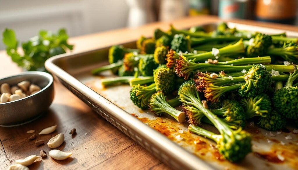 A freshly baked tray of broccolini with golden, crispy edges sits on a rustic wooden kitchen counter. The broccolini is vibrant green, glistening with a light drizzle of olive oil and sprinkled with sea salt. In the foreground, a nearby bowl contains some scattered spices and garlic cloves, emphasizing the preparation process. In the middle ground, the baking sheet exhibits a slightly charred, crispy texture on the tips of the broccolini, indicating perfect roasting. The kitchen setting features warm, inviting lighting, casting soft shadows that enhance the colors of the vegetables. The background includes a blurred view of herbs and a hint of kitchen utensils, creating a cozy, home-cooked atmosphere. A close-up angle focuses on the delicious details, showcasing the enticing appearance of the broccolini, ready to be served.