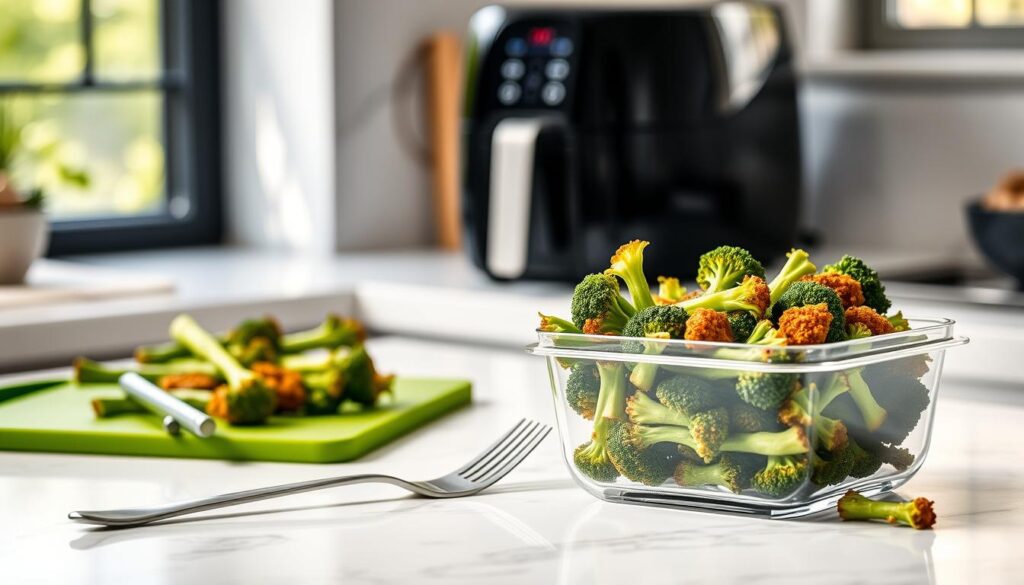 A modern kitchen countertop featuring a stylish, clear storage container filled with leftover air-fried broccolini, showcasing the crispy, golden edges of the vegetables. In the foreground, the container is open, with some broccolini slightly spilling out, reflecting freshness. The middle ground includes a vibrant green cutting board and a silver fork resting beside the container, hinting at the meal's enjoyment. The background has a blurred image of an air fryer on a marble countertop, with soft natural light coming through a nearby window, creating an inviting and warm atmosphere. The overall mood should be cozy and practical, perfect for a home cooking theme. Use a shallow depth of field to emphasize the storage container and broccolini.