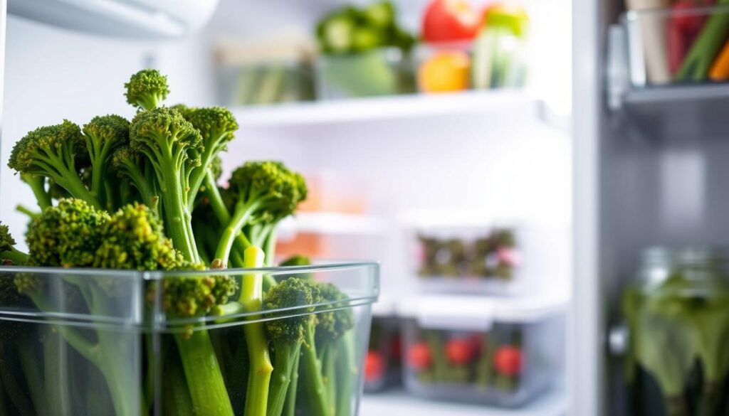 A modern refrigerator interior with a clear storage container filled with vibrant green air-fried broccolini, neatly organized among other healthy ingredients. In the foreground, a close-up of the broccolini highlights its crisp texture and glistening surface, possibly with a light sheen from olive oil. The middle section shows the transparent container allowing viewers to see the broccolini clearly, enhancing the appeal. The background features the softly lit shelves of the refrigerator, filled with fresh vegetables and meal prep containers, conveying a sense of order and efficiency. Soft, natural lighting illuminates the scene, creating a fresh and inviting atmosphere that suggests a well-stocked kitchen for quick weeknight meals. The angle is slightly angled for a dynamic perspective, capturing the essence of healthy meal storage. A modern refrigerator interior with a clear storage container filled with vibrant green air-fried broccolini, neatly organized among other healthy ingredients. In the foreground, a close-up of the broccolini highlights its crisp texture and glistening surface, possibly with a light sheen from olive oil. The middle section shows the transparent container allowing viewers to see the broccolini clearly, enhancing the appeal. The background features the softly lit shelves of the refrigerator, filled with fresh vegetables and meal prep containers, conveying a sense of order and efficiency. Soft, natural lighting illuminates the scene, creating a fresh and inviting atmosphere that suggests a well-stocked kitchen for quick weeknight meals. The angle is slightly angled for a dynamic perspective, capturing the essence of healthy meal storage.