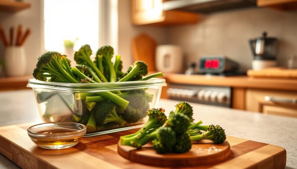 A serene kitchen countertop scene showcasing a glass container filled with vibrant, leftover crispy air fryer broccolini. The container, slightly open, reveals beautifully roasted green stalks with a hint of char, suggesting their recent preparation. In the foreground, a wooden cutting board displays a small dish of olive oil and a sprinkle of sea salt, hinting at the broccolini’s seasoning. In the middle ground, a warm, inviting kitchen environment is illuminated by soft, natural light coming from a nearby window, casting gentle shadows that create depth. A digital kitchen timer is subtly placed in the background, emphasizing the theme of reheating. The atmosphere is cozy and homey, perfect for enjoying a healthy meal and promoting the idea of efficient food storage.