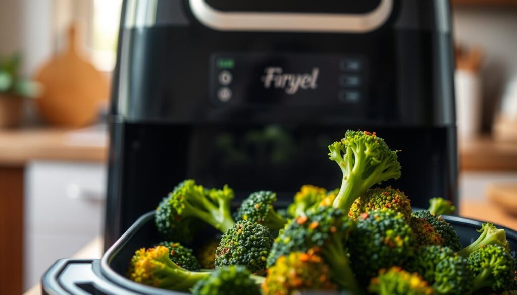 A vibrant and delicious broccolini in an air fryer, the bright green florets perfectly arranged within the fryer basket. The foreground features a close-up shot of the broccolini, glistening with olive oil and sprinkled with seasoning, capturing the texture and freshness of the vegetable. In the middle ground, the air fryer stands prominently, showcasing its sleek design with a transparent window revealing the cooking process. The background is softly blurred, hinting at a cozy kitchen setting with warm, inviting lighting. The scene is illuminated with a natural light source, creating a wholesome and appetizing atmosphere, emphasizing the ease and joy of preparing broccolini in an air fryer.