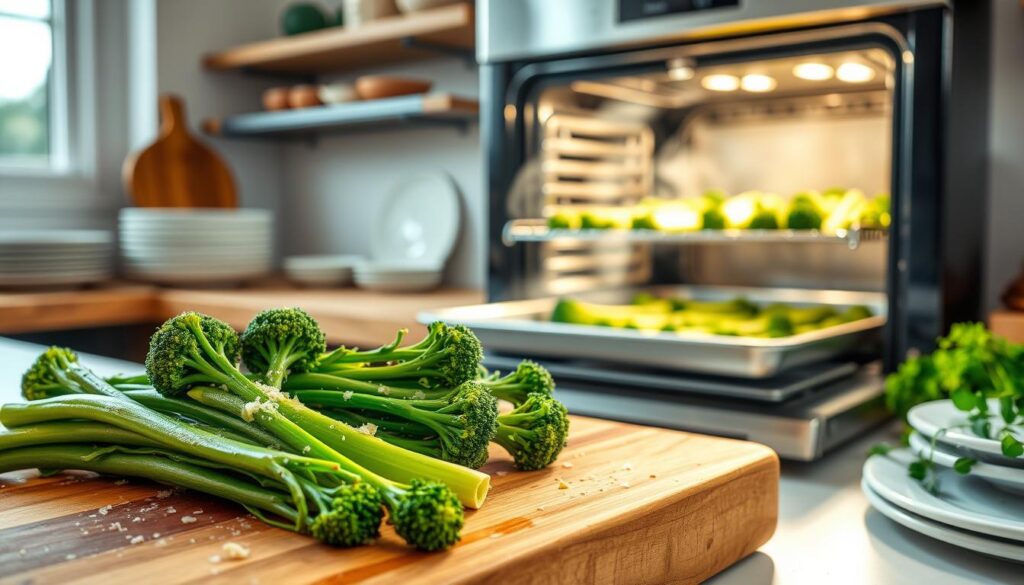 A vibrant kitchen scene showcasing the process of making oven-roasted broccolini. In the foreground, fresh, bright green broccolini spears are arranged on a rustic wooden cutting board, sprinkled with olive oil, sea salt, and garlic. In the middle ground, a stainless steel baking sheet holds a batch of crisp, golden broccolini coming out of a modern oven, emitting steam. Soft, natural daylight filters through a nearby window, casting a warm glow and gentle shadows, creating an inviting atmosphere. In the background, kitchen essentials like a set of elegant plates and fresh herbs are visible, enhancing the culinary setting. The mood is cheerful and homey, inspiring a sense of quick, healthy cooking ready in about 20 minutes.