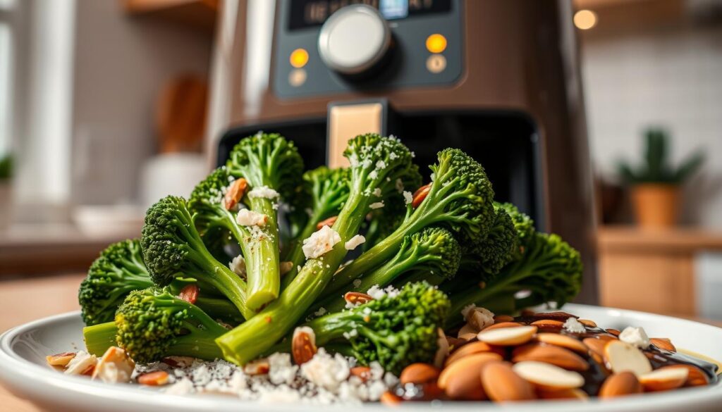 A vibrant scene showcasing seasoned broccolini in an air fryer, beautifully arranged to highlight various toppings. In the foreground, the broccolini is a fresh, bright green, glistening with olive oil, and sprinkled with sea salt, garlic powder, and chili flakes. The toppings include grated Parmesan cheese, toasted almonds, and a drizzle of balsamic glaze. The air fryer, sleek and modern, sits prominently in the scene, with a golden-lit control panel. The background features a warm, cozy kitchen setting with soft, natural lighting, emphasizing an inviting atmosphere. The angle captures the broccolini at a slight tilt, providing depth and focus. The overall mood is one of warmth and culinary delight, perfect for a weeknight meal. A vibrant scene showcasing seasoned broccolini in an air fryer, beautifully arranged to highlight various toppings. In the foreground, the broccolini is a fresh, bright green, glistening with olive oil, and sprinkled with sea salt, garlic powder, and chili flakes. The toppings include grated Parmesan cheese, toasted almonds, and a drizzle of balsamic glaze. The air fryer, sleek and modern, sits prominently in the scene, with a golden-lit control panel. The background features a warm, cozy kitchen setting with soft, natural lighting, emphasizing an inviting atmosphere. The angle captures the broccolini at a slight tilt, providing depth and focus. The overall mood is one of warmth and culinary delight, perfect for a weeknight meal.