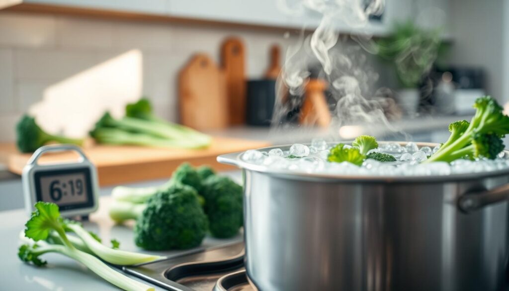 A visually appealing kitchen scene showcasing a pot of boiling water on a stovetop with vibrant green broccolini submerged in it. In the foreground, focus on the pot, with steam rising gently from the bubbling water, emphasizing the boiling action. The middle ground features a well-organized kitchen counter with a cutting board and fresh broccolini stalks ready to be prepared, alongside a timer set to six minutes, hinting at the optimal boiling time. The background includes a softly blurred kitchen setting, with light streaming in from a nearby window, creating a warm and inviting atmosphere. The lighting is bright and natural, highlighting the freshness of the broccolini. The angle captures a dynamic perspective, making the scene feel engaging and informative.