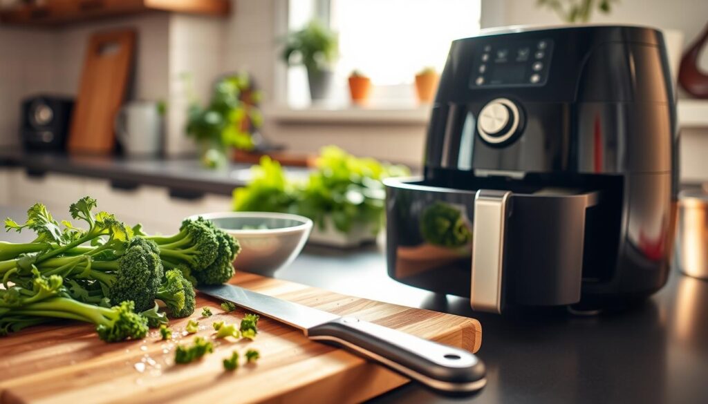 A well-lit kitchen scene showcasing the preparation and cleaning of broccolini for an air fryer. In the foreground, a cutting board features freshly washed, vibrant green broccolini, with a sharp knife and a bowl for trimmings nearby. The middle layer includes a sleek air fryer on a countertop, its basket placed next to it, emphasizing its role in achieving crispy texture. In the background, soft daylight filters through a window, adding warmth to the atmosphere, with potted herbs and kitchen utensils subtly enhancing the culinary vibe. The image conveys a fresh, healthy cooking ambiance, inviting viewers to explore the joy of preparing greens.