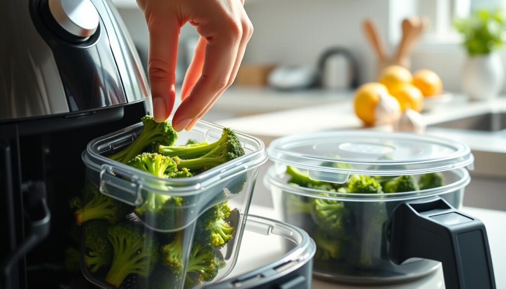 Close-up of a colorful air fryer basket containing freshly cooked broccolini, lightly drizzled with olive oil and sprinkled with garlic and lemon zest. In the foreground, a hand is gently placing a transparent food storage container next to the air fryer, which has a sleek design. The middle ground features a bright, clean kitchen counter adorned with a small bowl of fresh lemons and a garlic bulb, creating a vibrant cooking atmosphere. The background includes soft, natural light streaming through a kitchen window, illuminating the scene and casting gentle shadows. The overall mood is inviting and fresh, highlighting the theme of preserving delicious leftovers in a modern kitchen setting. Close-up of a colorful air fryer basket containing freshly cooked broccolini, lightly drizzled with olive oil and sprinkled with garlic and lemon zest. In the foreground, a hand is gently placing a transparent food storage container next to the air fryer, which has a sleek design. The middle ground features a bright, clean kitchen counter adorned with a small bowl of fresh lemons and a garlic bulb, creating a vibrant cooking atmosphere. The background includes soft, natural light streaming through a kitchen window, illuminating the scene and casting gentle shadows. The overall mood is inviting and fresh, highlighting the theme of preserving delicious leftovers in a modern kitchen setting.