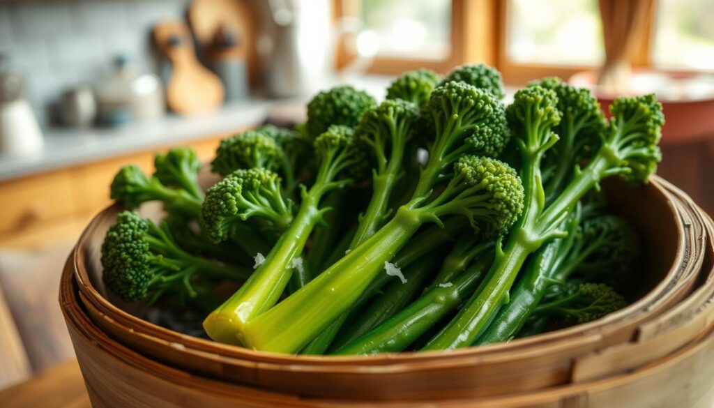 Tender broccolini, perfectly steamed to a vibrant green hue, nestled gracefully in a traditional bamboo steamer basket. The foreground features close-up details of the delicate, wilt-free florets, showcasing their glistening surface, lightly sprinkled with a hint of sea salt. In the middle ground, the steamer basket is positioned on a rustic wooden kitchen countertop, with a backdrop of soft-focus kitchen elements, hinting at a warm, inviting atmosphere. Natural sunlight pours in from a nearby window, casting gentle, diffused light that enhances the freshness of the vegetables. The overall mood is serene and wholesome, emphasizing the art of achieving the perfect texture in cooking. The composition should evoke a sense of culinary delight and healthfulness, perfect for food enthusiasts.